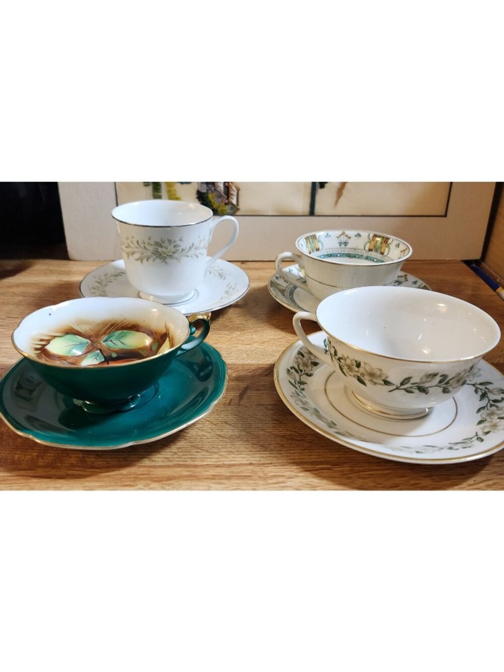 Mismatched Tea Cups & Saucers Greens 4 Sets Vintage China